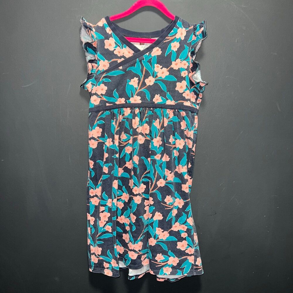 Tea Collection Dress Girls 12 Sleeveless Flutter Floral Blue Pink Cross Neck